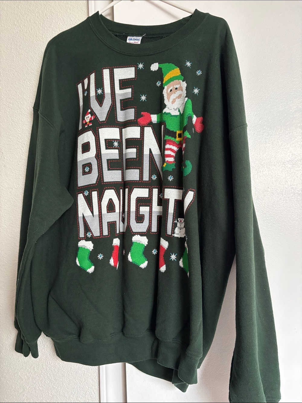 Gildan Men's Forest Green 'I've Been Naughty' Elf Crewneck Sweatshirt